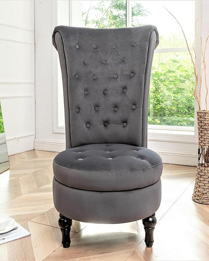 Royal Velvet Accent Chair for Vanity with Storage and Luxurious Upholstery, Retro Design and Versatile Usage for Living Room, Bedroom, Lounge and Office, Grey - LeafyLoom