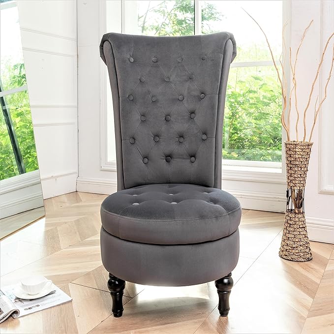Royal Velvet Accent Chair for Vanity with Storage and Luxurious Upholstery, Retro Design and Versatile Usage for Living Room, Bedroom, Lounge and Office, Grey - LeafyLoom