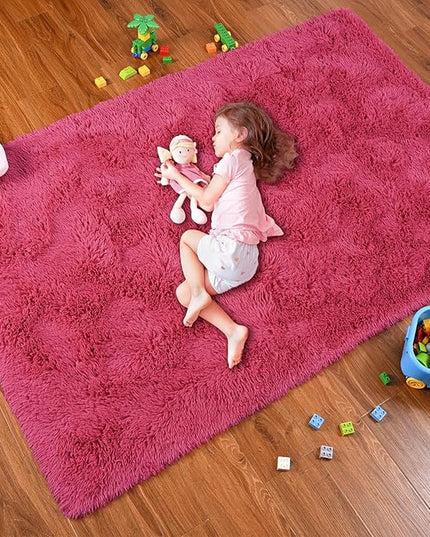 Softlife Rug for Bedroom 4x5.3 Feet Area Rug for Living Room Super Soft Shaggy Rugs for Kids Room Fluffy Fuzzy Carpets Long Plush Bedside Rug Nursery Christmas Home Decoration for Boys Girls, Rose Red - LeafyLoom