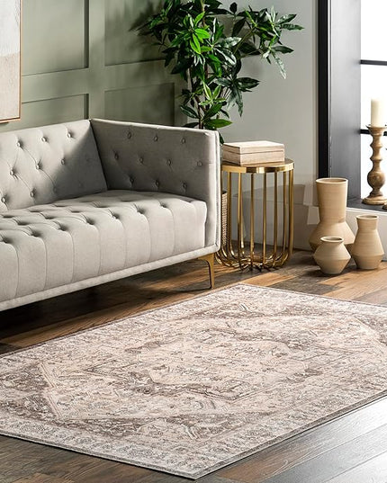 nuLOOM 5x8 Machine Washable Rain Haven Vintage Medallion Area Rug, Brown, Traditional Faded Design, Non-Slip Backing, Stain Resistant, For Bedroom, Dining Room, Living Room, Kitchen - LeafyLoom