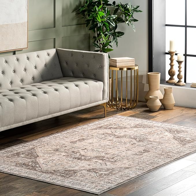 nuLOOM 5x8 Machine Washable Rain Haven Vintage Medallion Area Rug, Brown, Traditional Faded Design, Non-Slip Backing, Stain Resistant, For Bedroom, Dining Room, Living Room, Kitchen - LeafyLoom