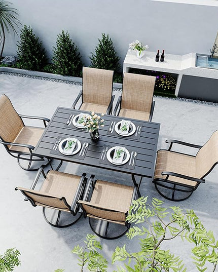 Pamapic 7 Pieces Patio Dining Set, Outdoor Dining Set for Garden Backyard Poolside Deck,Outdoor Table and Chairs Set with 6 Textilene Swivel Chairs,Beige - LeafyLoom