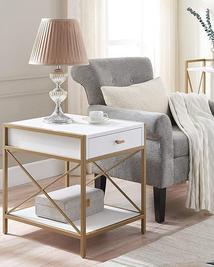Leick Home 9206-WTGL Claudette One Drawer Mixed Metal and Wood Side Table with Shelf, White/gold - LeafyLoom