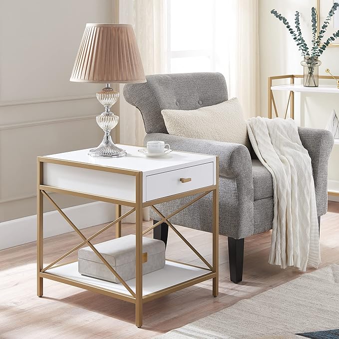 Leick Home 9206-WTGL Claudette One Drawer Mixed Metal and Wood Side Table with Shelf, White/gold - LeafyLoom