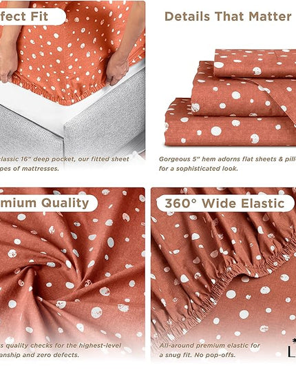 Linen Home Cotton Lyocell Blend Percale Printed Sheet Set, Pre-Washed & Shrunk, Cooling Bed Sheets, Full Size, 4 Pieces - 1 Flat, 1 Deep Pocket Fitted Sheet, 2 Pillowcases, Polka Cedarwood - LeafyLoom