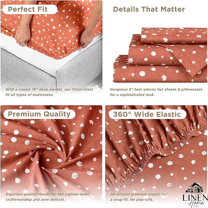 Linen Home Cotton Lyocell Blend Percale Printed Sheet Set, Pre-Washed & Shrunk, Cooling Bed Sheets, Full Size, 4 Pieces - 1 Flat, 1 Deep Pocket Fitted Sheet, 2 Pillowcases, Polka Cedarwood - LeafyLoom