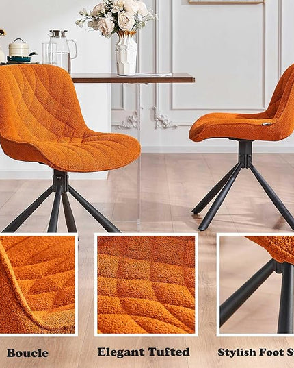 Mid Century Modern Dining Chairs Set of 2, Upholstered Dining Room Chairs with Sturdy Metal Legs, Boucle Armless Accent Side Chairs for Kitchen, Living Room, Orange - LeafyLoom