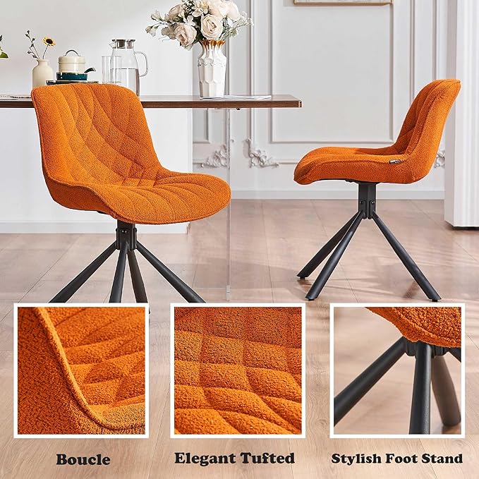Mid Century Modern Dining Chairs Set of 2, Upholstered Dining Room Chairs with Sturdy Metal Legs, Boucle Armless Accent Side Chairs for Kitchen, Living Room, Orange - LeafyLoom