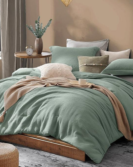 Sage Green Queen Comforter Set, 3 Piece Crinkle Design Summer Beddding Queen Size, Minimalist Queen Bed Set with Modern Green Comforter & Shams (Queen, 90"x90") - LeafyLoom