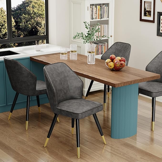 Faux Leather Dining Chairs Set of 2, Grey Mid Century Modern Kitchen Dining Room Chairs Upholstered Armless Accent Side Chairs with Metal Legs - LeafyLoom