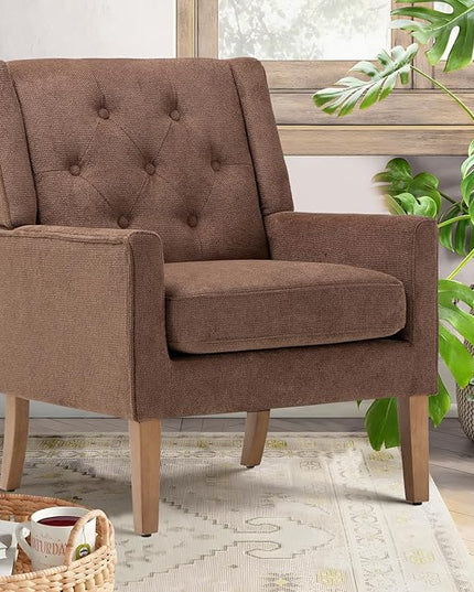 COLAMY Mid-Century Accent Chairs, Modern Wingback Living Room Chair, Upholstered Armchair with Button Tufted Back and Wood Legs for Bedroom/Office/Reading Spaces, Brown - LeafyLoom