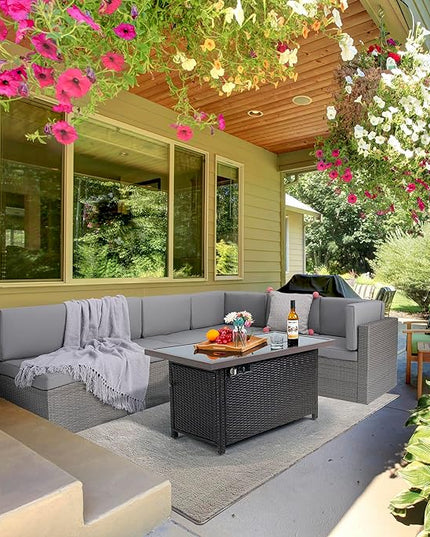 Pamapic 8 Pieces Patio Conversation Sets with fire Pit, Patio Furniture Sectional Sofa with Gas Fire Pit Table(Grey Wicker,Grey Cushions) - LeafyLoom