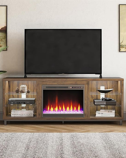 Ameriwood Home Lumina Fireplace TV Stand for TVs up to 70 Inch, Replaceable Electric Fireplace Insert Heater, Remote Control, Timer, Color Changing LED Lights, Crystal Ember Flames, Walnut - LeafyLoom