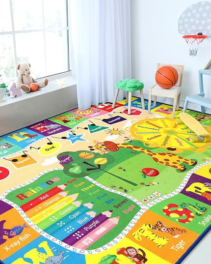 Chicrug Educational 3x5 Kids Area Rug for Playroom, TPR Non Slip Kids Classroom Carpet Rug for Learning ABC Animal, Shape Color Fruit, Washable Play Mat Rug for Children Nursery Toddler Room Decor - LeafyLoom