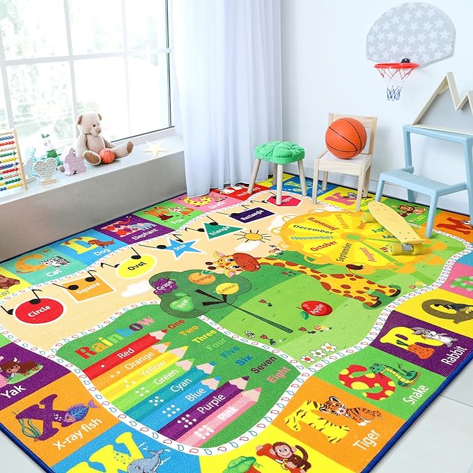 Chicrug Educational 3x5 Kids Area Rug for Playroom, TPR Non Slip Kids Classroom Carpet Rug for Learning ABC Animal, Shape Color Fruit, Washable Play Mat Rug for Children Nursery Toddler Room Decor - LeafyLoom