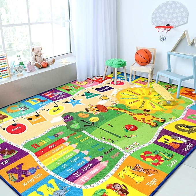 Chicrug Educational Kid Area Rug for Playroom, 5x7 Feet TPR Non Slip Kids Classroom Carpet Rug for Learning ABC Animal, Shape Color Fruit, Washable Play Mat Rug for Children Nursery Toddler Room Decor - LeafyLoom