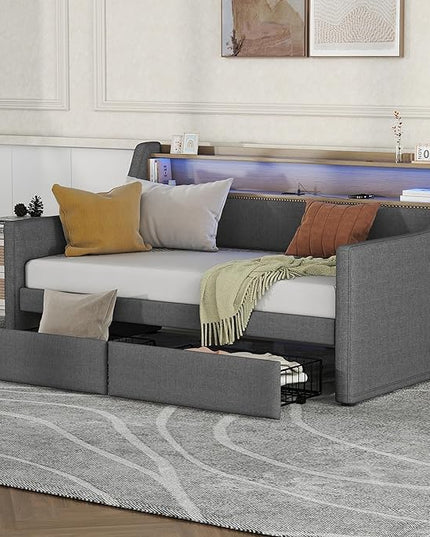 Twin Size Daybed with 2 Storage Drawers, Upholstered Day Bed Frame with Charging Station and LED Lights, Linen Sofa Beds for Living Room, Bedroom, Gray - LeafyLoom
