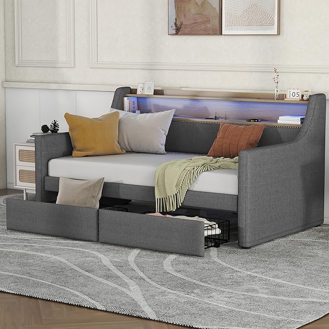 Twin Size Daybed with 2 Storage Drawers, Upholstered Day Bed Frame with Charging Station and LED Lights, Linen Sofa Beds for Living Room, Bedroom, Gray - LeafyLoom