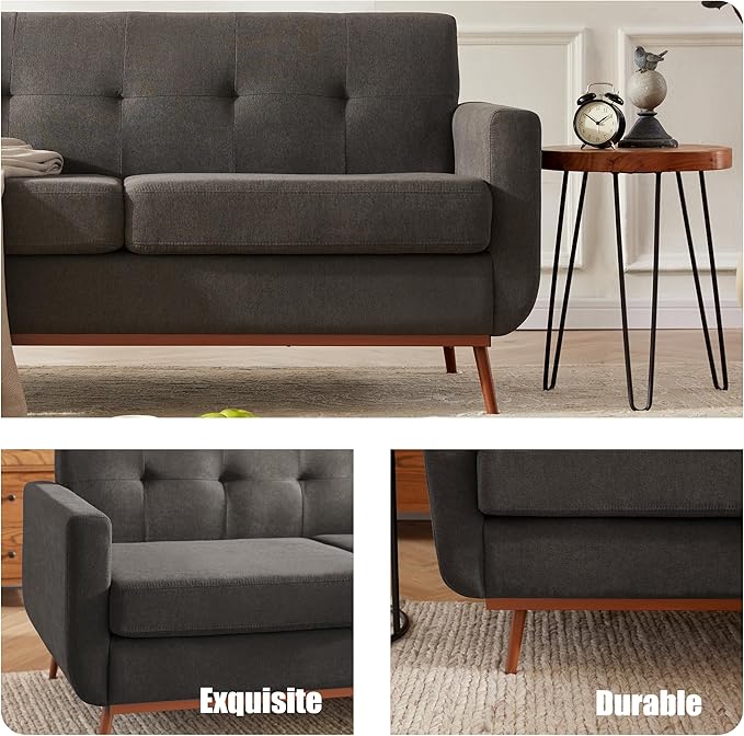 65" Loveseat Sofa, Mid Century Modern Love Seat Couches for Living Room, Comfy Upholstered Sofa Couch for Bedroom(Linen-Dark Grey) - LeafyLoom