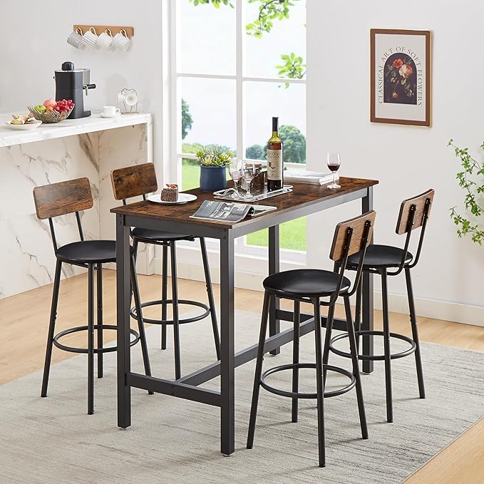 NicBex Dining Room Table Set for 4 Corner Dining Table Set Bar Table Set with 4 Bar Stools PU Soft Seat with Backrest Set for Kitchen, Dining Room, Dinette, Thicken Steel Frame, Rustic Brown - LeafyLoom