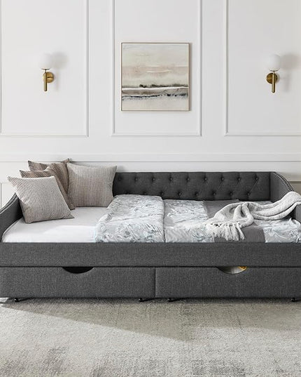 Queen Size Daybed with 2 Drawers, Upholstered Tufted Day Bed, with Button Back and Waved Shape Arms, Wood Slat Support, No Spring Box Need, for Bedroom, Livingroom - LeafyLoom