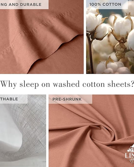 Linen Home Washed Cotton Percale Full Sheet Set, Tera Clay, Deep Pocket, 4 Pieces Bed Sheets - 1 Flat Sheet, 1 Fitted Sheet & 2 Envelope Closure Pillowcases, Cool and Comfortable Bed Linen - LeafyLoom