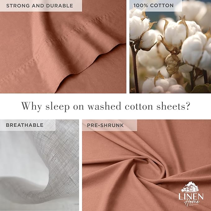 Linen Home Washed Cotton Percale Full Sheet Set, Tera Clay, Deep Pocket, 4 Pieces Bed Sheets - 1 Flat Sheet, 1 Fitted Sheet & 2 Envelope Closure Pillowcases, Cool and Comfortable Bed Linen - LeafyLoom