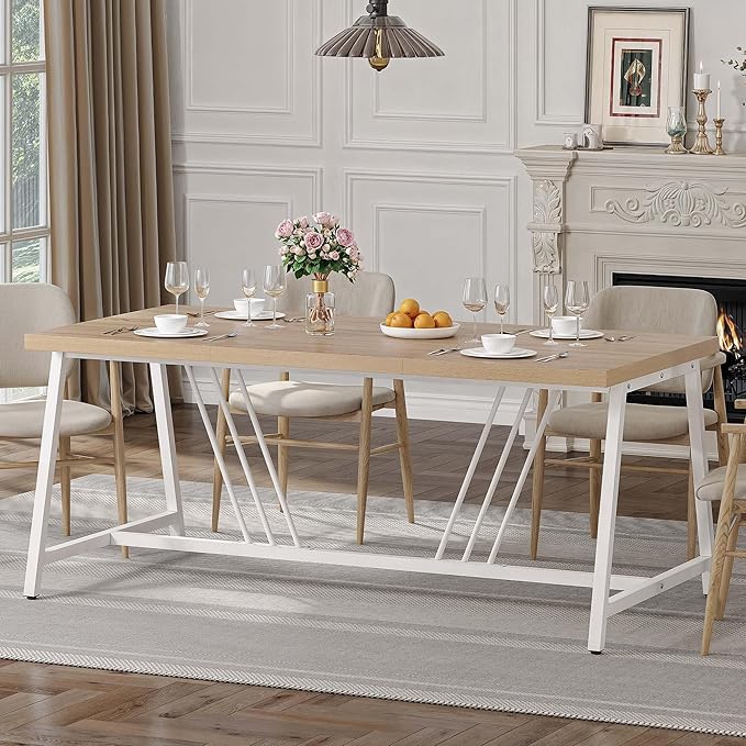 DWVO Farmhouse Dining Table for 6-8 People, 70.9 Inch Large Rectangular Wood Kitchen Table with Heavy Duty Metal Legs, Industrial Rustic Dinner Table for Dining Room, Living Room, Washed Grey - LeafyLoom