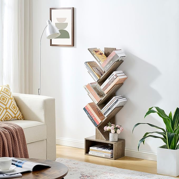 Hoctieon 6 Tier Tree Bookshelf, Tall Bookcase with Drawer, Freestanding Book shelf, Display Floor Standing Storage Shelf, Book Organizer Shelves for Home Office, Living Room, Bedroom, Greige - LeafyLoom