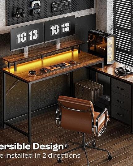 Reversible L Shaped Computer Desk with Drawers, Gaming Desk with LED Lights and Power Outlets, Office Desk with Storage, Corner Desk with Monitor Stand, for Home & Office, Rustic Brown - LeafyLoom