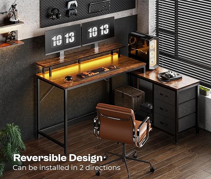 Reversible L Shaped Computer Desk with Drawers, Gaming Desk with LED Lights and Power Outlets, Office Desk with Storage, Corner Desk with Monitor Stand, for Home & Office, Rustic Brown - LeafyLoom