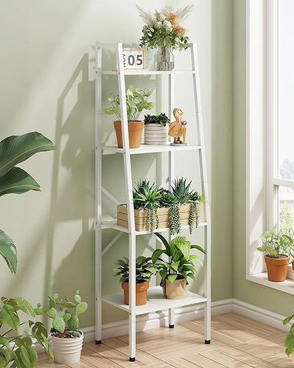 Hoctieon Ladder Shelf Bookcase, 4-Tier Ladder Bookshelf, Tall Bookshelf with Metal Frame, Industrial Bookshelf Ladder, for Living Room, Kitchen, Home Office, Bedroom, Simple Assembly, White - LeafyLoom