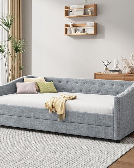 Twin Daybed Frame with Trundle,Upholstered Sofa Bed W/Button & Nailhead Tufted Design,Wood Slats Support,Saving Space,Linen Fabric Bedframe for Living Room Bedroom Apartment,Light Gray - LeafyLoom