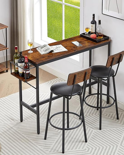 Dining Table Set for 2, Bar Table and Chairs Set, Industrial Counter Height Bar Table with Wine Rack, and 2 PU Upholstered Seat Stools with Backrest & Footrest, for Kitchen, Bar, Rustic Brown - LeafyLoom