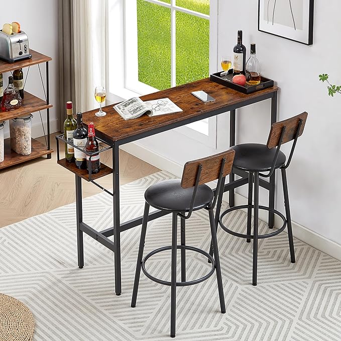 Dining Table Set for 2, Bar Table and Chairs Set, Industrial Counter Height Bar Table with Wine Rack, and 2 PU Upholstered Seat Stools with Backrest & Footrest, for Kitchen, Bar, Rustic Brown - LeafyLoom