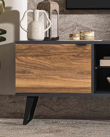 Atelier Mobili Mid Century Modern TV Stand | Farmhouse Entertainment Center for Living Room | TV Stand for 75 Inch TV | Gray TV Stand | Walnut TV Stand for Living Room 75 inch TV | Adjustable Shelf - LeafyLoom