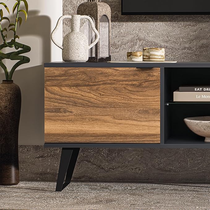 Atelier Mobili Mid Century Modern TV Stand | Farmhouse Entertainment Center for Living Room | TV Stand for 75 Inch TV | Gray TV Stand | Walnut TV Stand for Living Room 75 inch TV | Adjustable Shelf - LeafyLoom