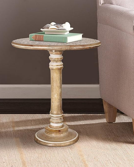 Round End Table,Small Table,Side Table, Side Tables Living Room,End Table,Round Side Table,Altar Table, Carved Side Table,Wood Accent Table,Carved Wood Table Single Pillar 18x22 inch White Wash - LeafyLoom