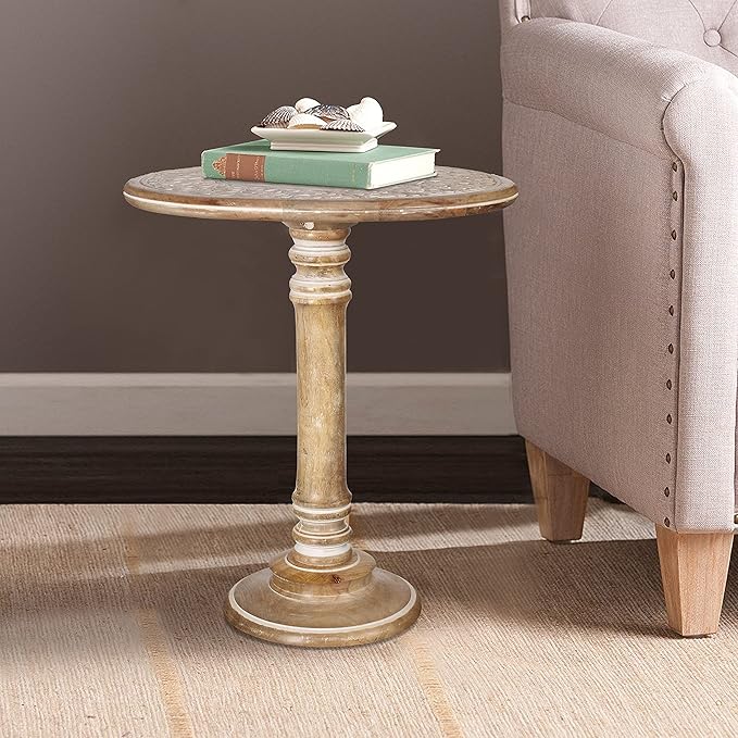 Round End Table,Small Table,Side Table, Side Tables Living Room,End Table,Round Side Table,Altar Table, Carved Side Table,Wood Accent Table,Carved Wood Table Single Pillar 18x22 inch White Wash - LeafyLoom