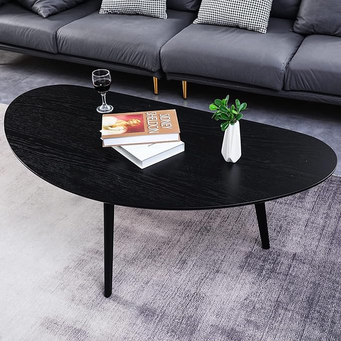 FIRMINANA Mid Century Modern Coffee Table,Large Oval Black Coffee Table for Living Room,Oval Small Mangotop Black Coffee Table for Small Spaces,Black-47.3" W x23.63 D x 17.72" H - LeafyLoom