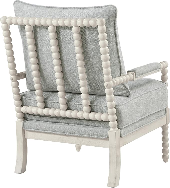 OSP Home Furnishings Kaylee Spindle Accent Chair with Antique White Wood Frame, 26.5” W x 32.25” D x 37” H, Smoke Grey Fabric - LeafyLoom
