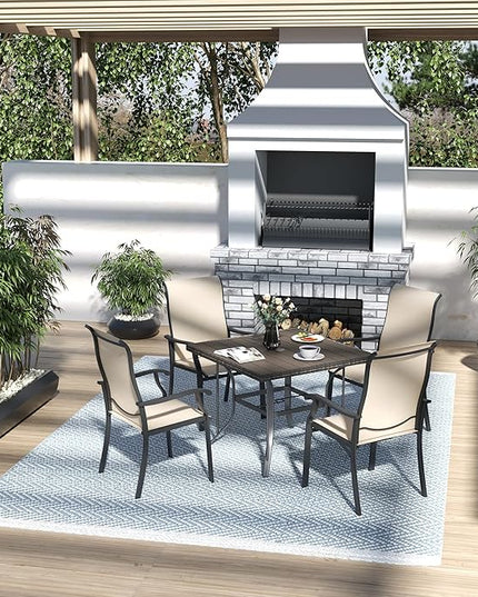 Pamapic 5 Pieces Patio Dining Set, Outdoor Table and Chairs for Garden Backyard Poolside Deck,Outdoor Furniture Set with Square Plastic-Wood Table Top,4 Textilene Chairs,Beige - LeafyLoom