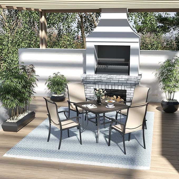 Pamapic 5 Pieces Patio Dining Set, Outdoor Table and Chairs for Garden Backyard Poolside Deck,Outdoor Furniture Set with Square Plastic-Wood Table Top,4 Textilene Chairs,Beige - LeafyLoom