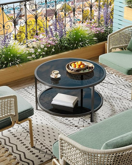 SAYGOER 27.6'' Round Coffee Table 2 Tier Black Glass Coffee Tables with Storage Shelf for Large or Small Space Modern Simple Sofa Table for Living Room Home Office, Easy Assembly… - LeafyLoom