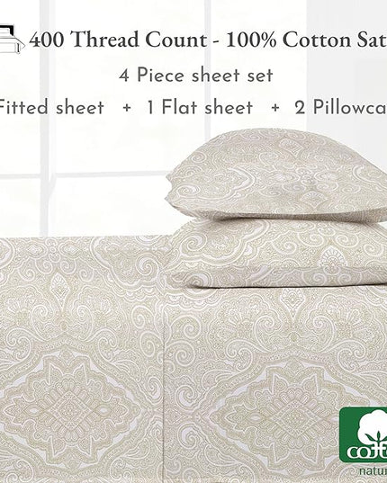 California Design Den Queen Sheet Set Paisley, 400 Thread Count, 100% Cotton Sateen 4 Pc Queen Size Sheets Set, Deep Pocket Sheets & Pillowcase Set - Paisley - Beige - LeafyLoom
