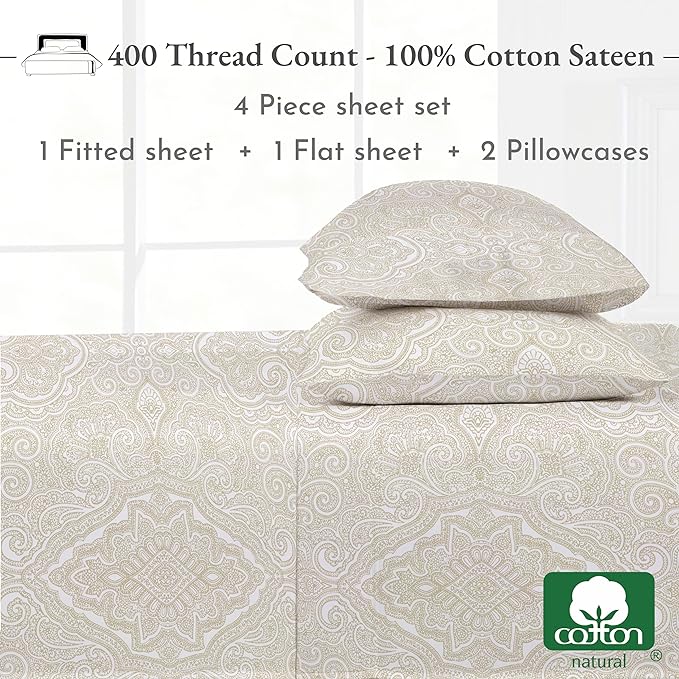 California Design Den Queen Sheet Set Paisley, 400 Thread Count, 100% Cotton Sateen 4 Pc Queen Size Sheets Set, Deep Pocket Sheets & Pillowcase Set - Paisley - Beige - LeafyLoom