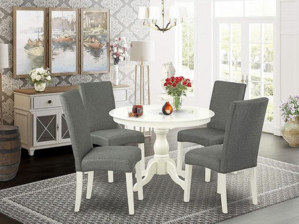 East West Furniture Hartland 5 Piece Room Set includes a Round Kitchen Table with Pedestal and 4 Gray Linen Fabric Parson Dining Chairs, 42x42 Inch, HBDR5-LWH-07 - LeafyLoom