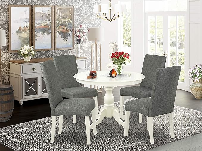 East West Furniture Hartland 5 Piece Room Set includes a Round Kitchen Table with Pedestal and 4 Gray Linen Fabric Parson Dining Chairs, 42x42 Inch, HBDR5-LWH-07 - LeafyLoom