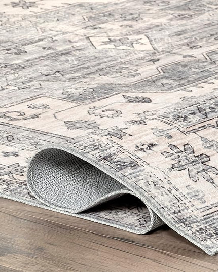 nuLOOM 4x6 Machine Washable Rain Haven Vintage Medallion Area Rug, Light Grey, Traditional Faded Design, Non-Slip Backing, Stain Resistant, For Bedroom, Dining Room, Living Room, Kitchen - LeafyLoom