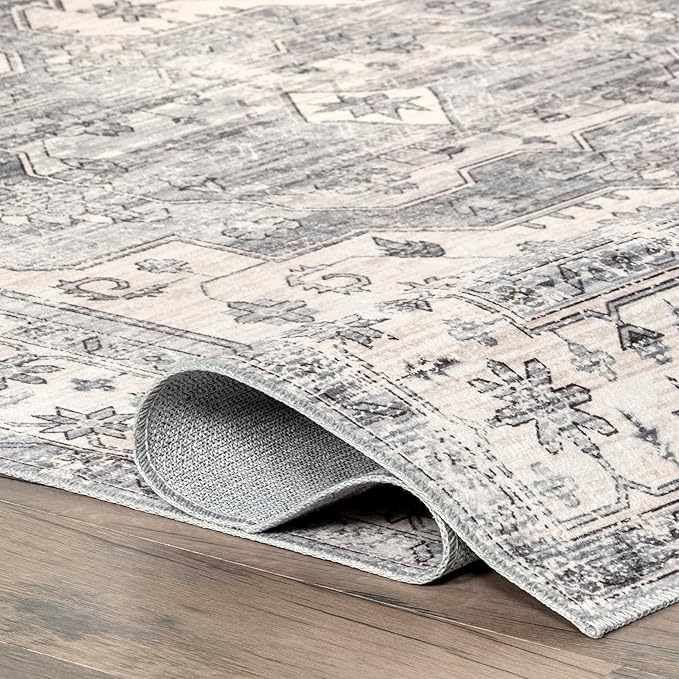 nuLOOM 4x6 Machine Washable Rain Haven Vintage Medallion Area Rug, Light Grey, Traditional Faded Design, Non-Slip Backing, Stain Resistant, For Bedroom, Dining Room, Living Room, Kitchen - LeafyLoom